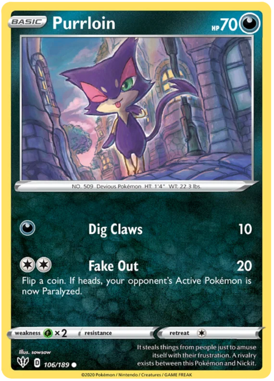 106/189 Purrloin (Darkness Ablaze) Pokemon card (English)